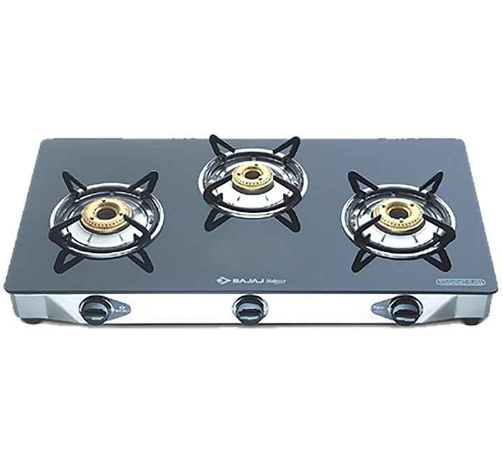 Bajaj 3BJGS7 Stainless Steel Glass Top Gas Stove with 3 Brass Burners ISI Certified Black Regular (450509 3BJGS7)